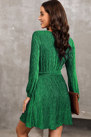Green textured pleated mini dress with long sleeves and a tie waist.