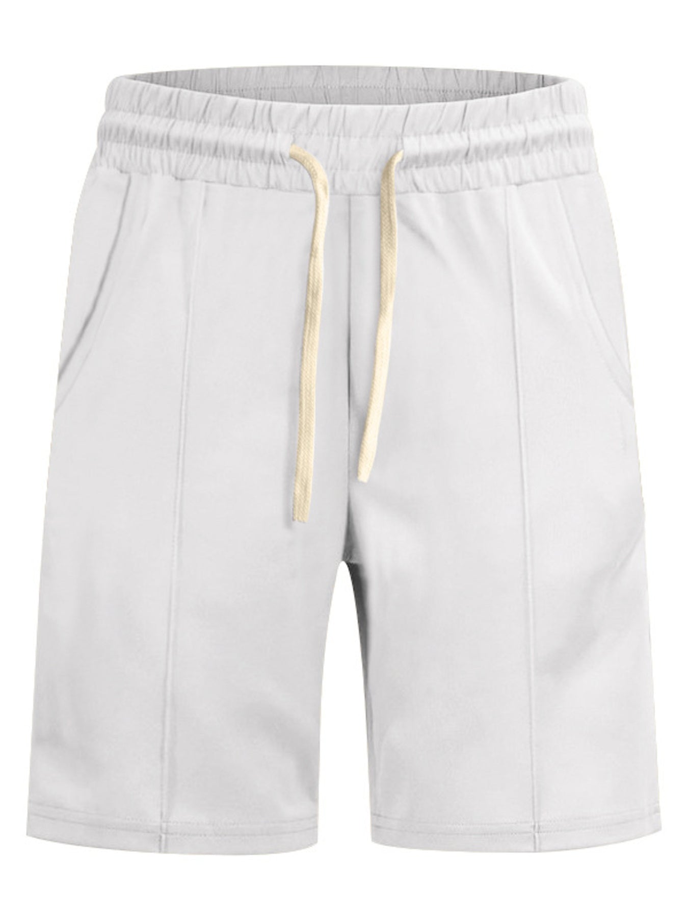 White chino shorts with drawstring waist and front pockets.