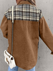 Brown denim hybrid jacket with plaid paneling on shoulders and back.