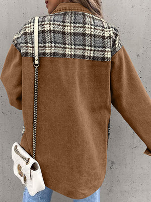 Brown denim hybrid jacket with plaid paneling on shoulders and back.
