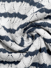 Chic striped knit cardigan with button placket, white and navy blue, open knit detail