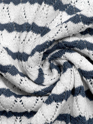 Chic striped knit cardigan with button placket, white and navy blue, open knit detail