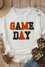 White graphic tee with sequin-trimmed GAME DAY lettering