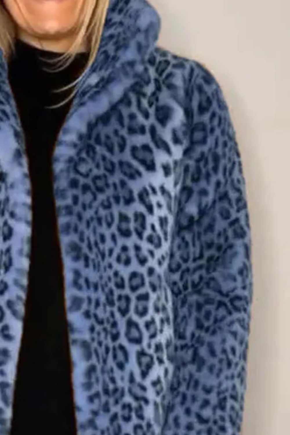 Leopard print faux fur collar coat in Royal Blue with a relaxed fit.