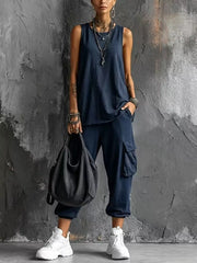 Casual Tank And Cargo Pants Set Plus Size in Sky Blue, alternate angle