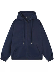 Navy blue casual zip-up hoodie with drawstring hood and front pocket.