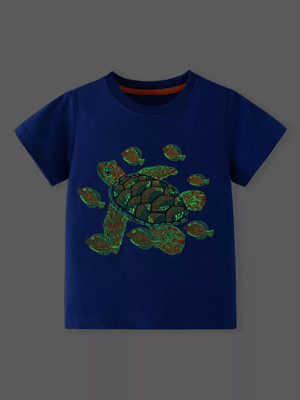 Navy blue cotton blend toddler t-shirt with vibrant turtle and fish graphic, crew neck.