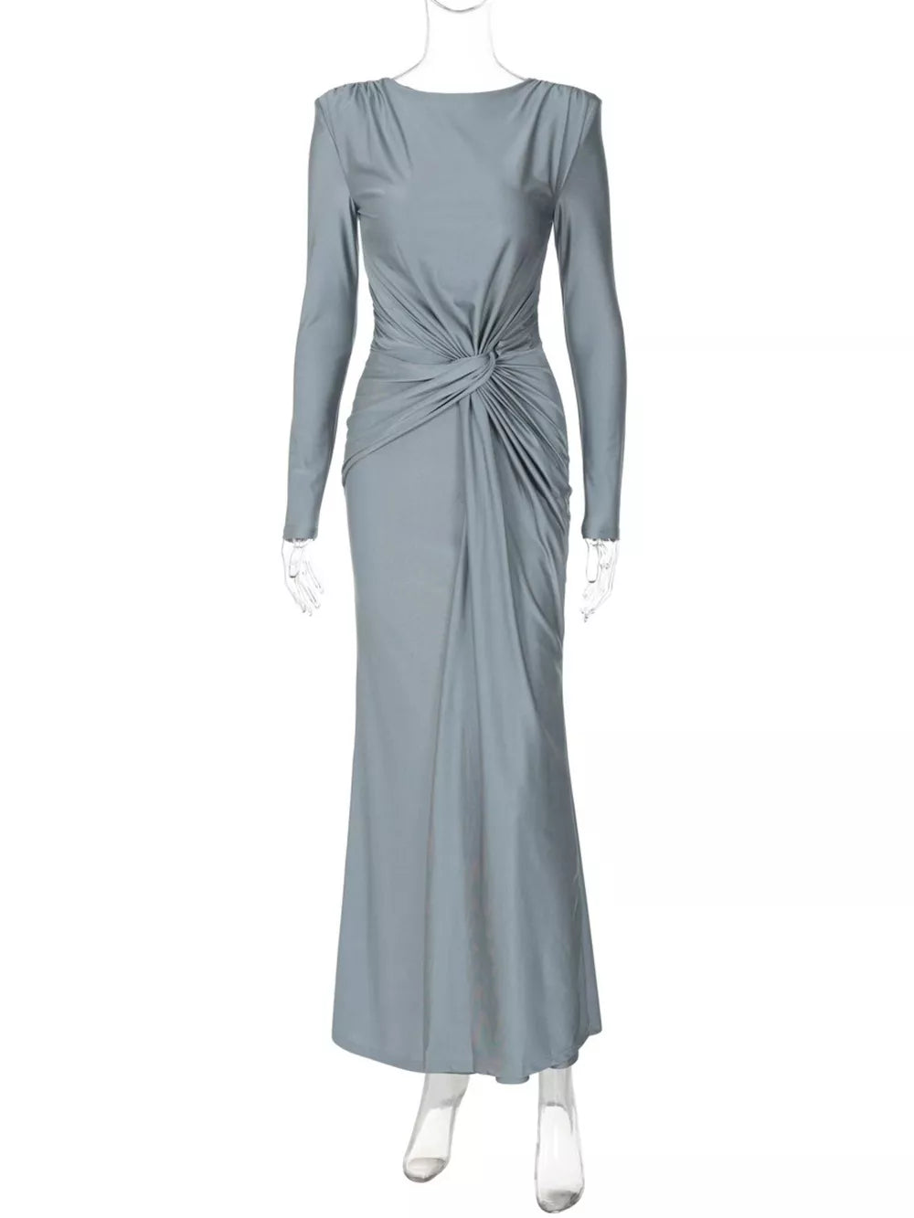 Gray ruched long sleeve maxi dress with boat neckline and knot detail