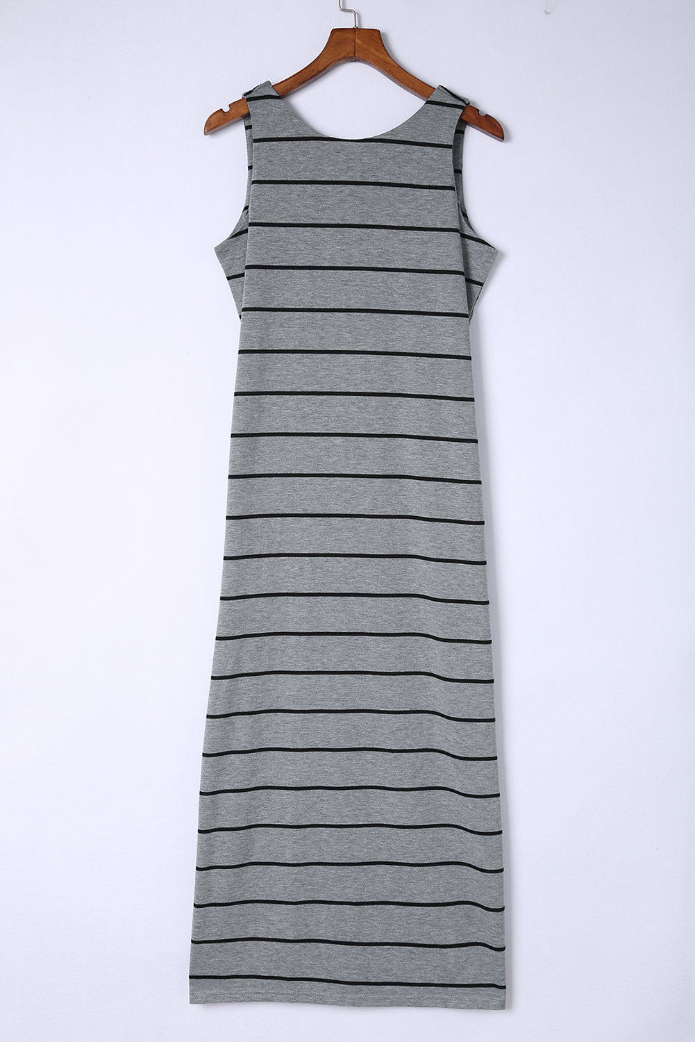 Charcoal horizontal stripe maxi dress with a scoop neck and sleeveless cut.