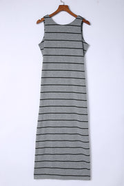 Charcoal horizontal stripe maxi dress with a scoop neck and sleeveless cut.