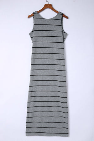 Charcoal horizontal stripe maxi dress with a scoop neck and sleeveless cut.
