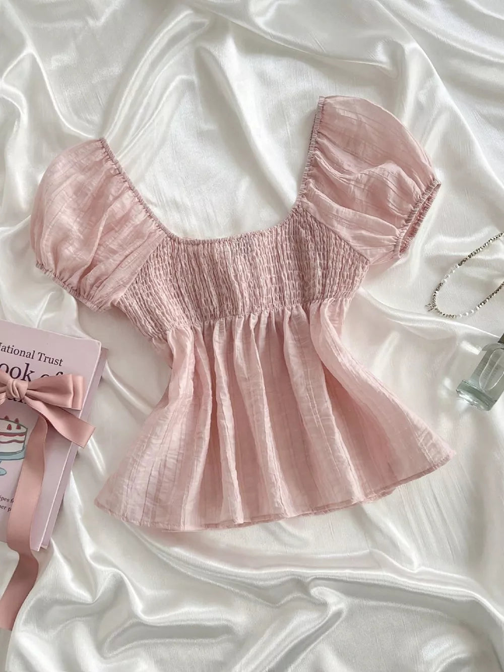 Sweetheart Neck Puff Sleeve Smocked Blouse, back view