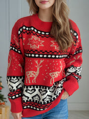 Red acrylic sweater with Fair Isle reindeer and snowflake pattern, crew neck, long sleeves.