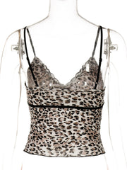 Leopard print lace trim cami tank top with adjustable straps and black trim.