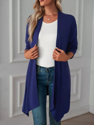 Dark Blue cardigan with tunic-length and open-front