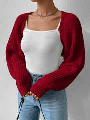 Burgundy cropped knit bolero shrug with ribbed texture and balloon sleeves.