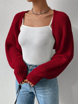 Burgundy cropped knit bolero shrug with ribbed texture and balloon sleeves.
