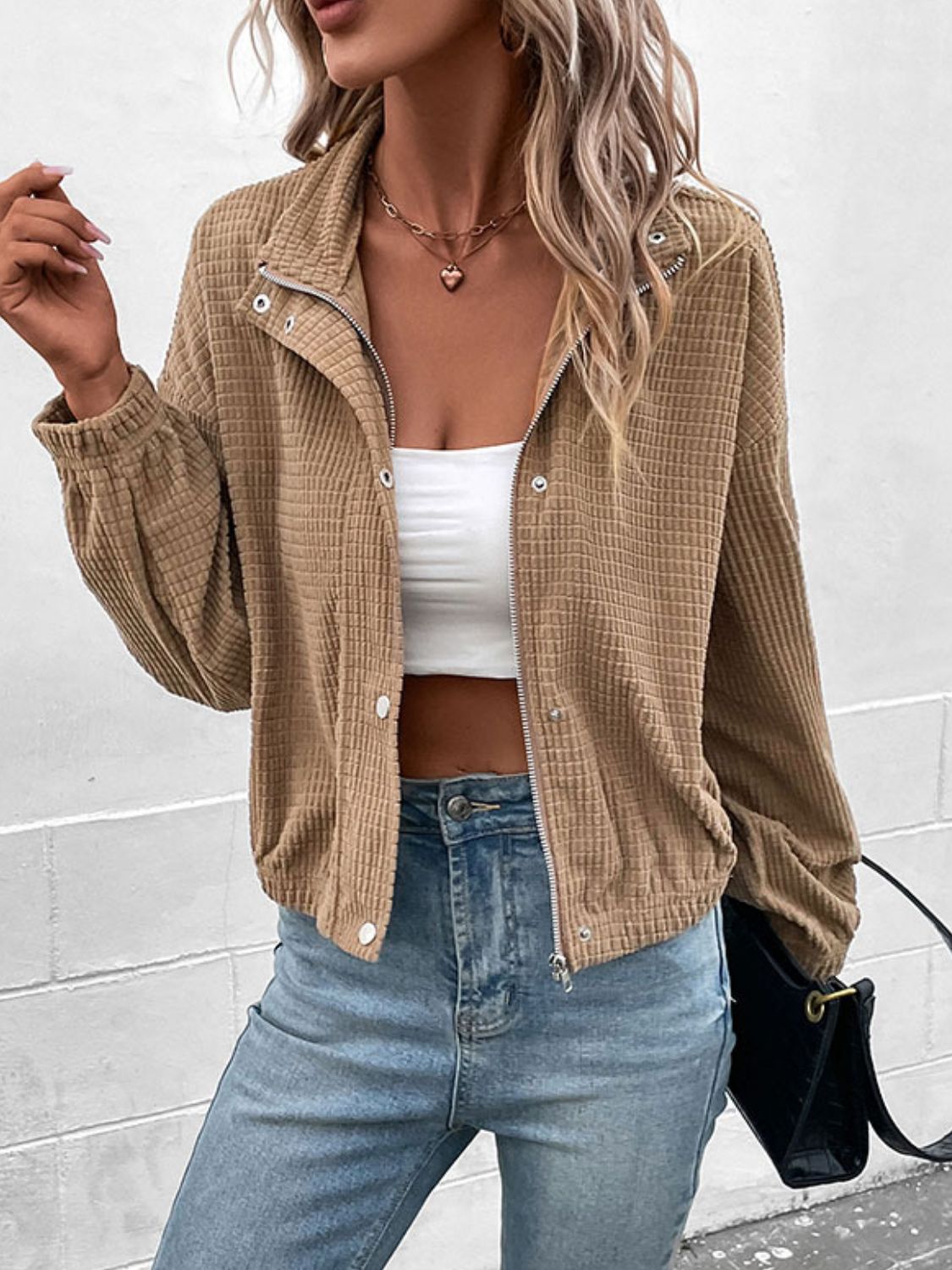 Khaki waffle knit bomber jacket with collar and zipper closure