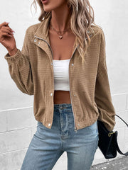 Khaki waffle knit bomber jacket with collar and zipper closure