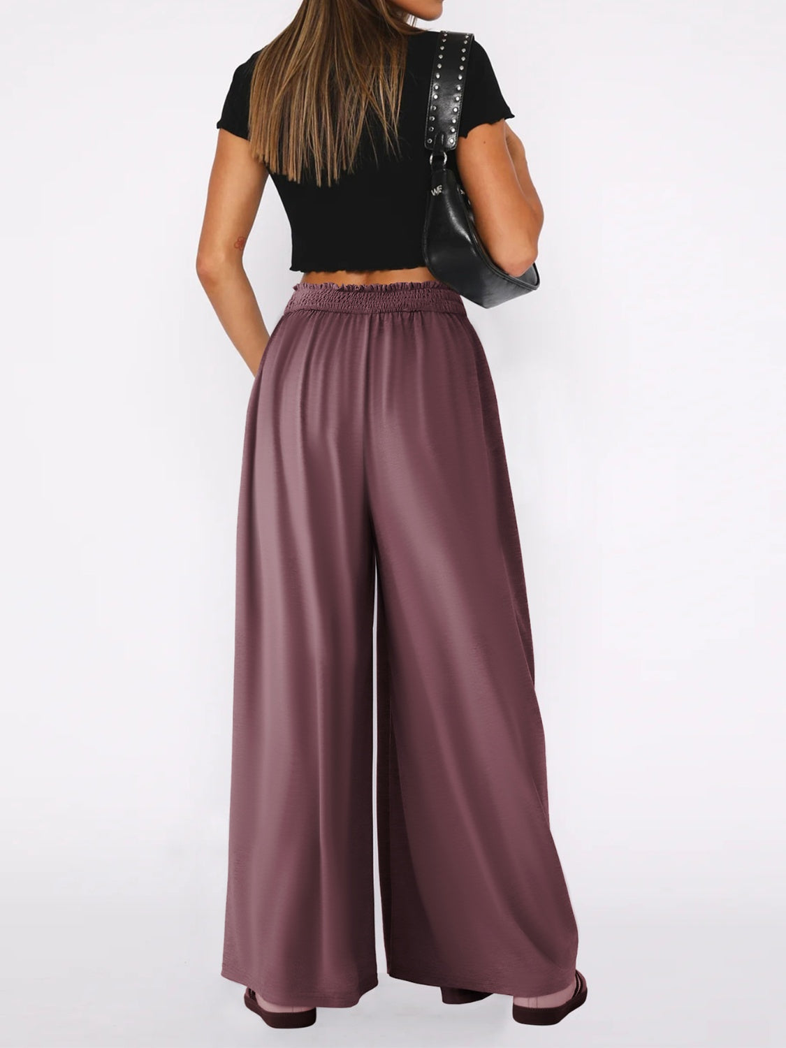Drape-front wide-leg jersey trousers in Moonlit Mauve with a smocked waistband.