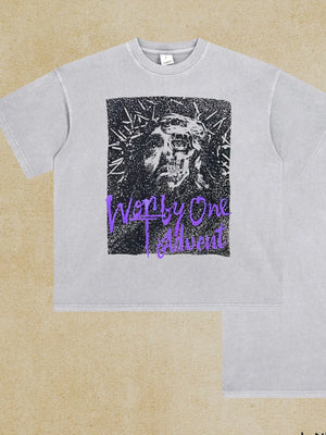Gray oversized graphic tee with a distressed print of Jesus and purple text.