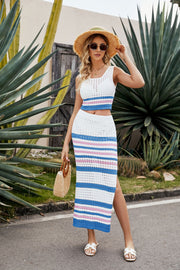 Open-knit stripe midi co-ord set in white with blue and pink stripes, featuring a cropped tank and high-waisted skirt with a