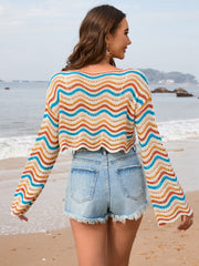 Cropped crochet sweater with multicolor wave stripes and open knit detail.