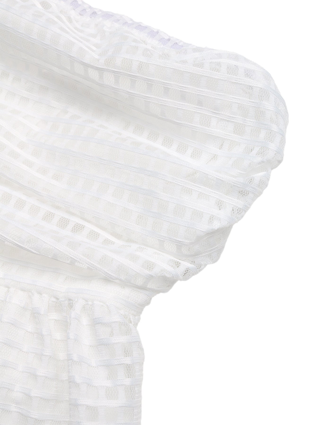 White strapless mini dress with airy grid pattern fabric and cinched waist detail.
