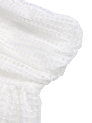 White strapless mini dress with airy grid pattern fabric and cinched waist detail.