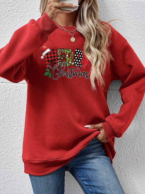 Festive red graphic sweatshirt with Merry Christmas text in various patterns, drop shoulder, casual fit.