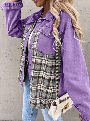 Purple denim jacket with plaid paneling and button details