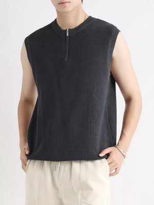 Men's dark gray textured knit quarter-zip tank top with a mock neck.