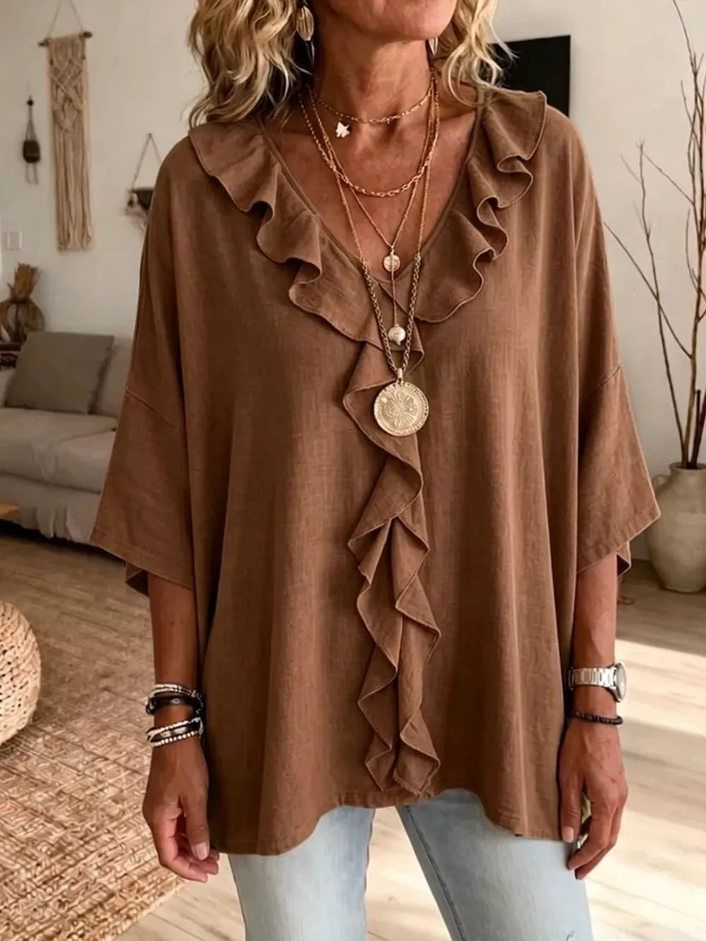 Full Size Ruffle V-neck 3/4 Sleeve Blouse Plus Size in Green, alternate angle