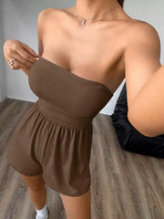 Brown strapless ruched waist romper with shorts, comfortable cotton fabric.