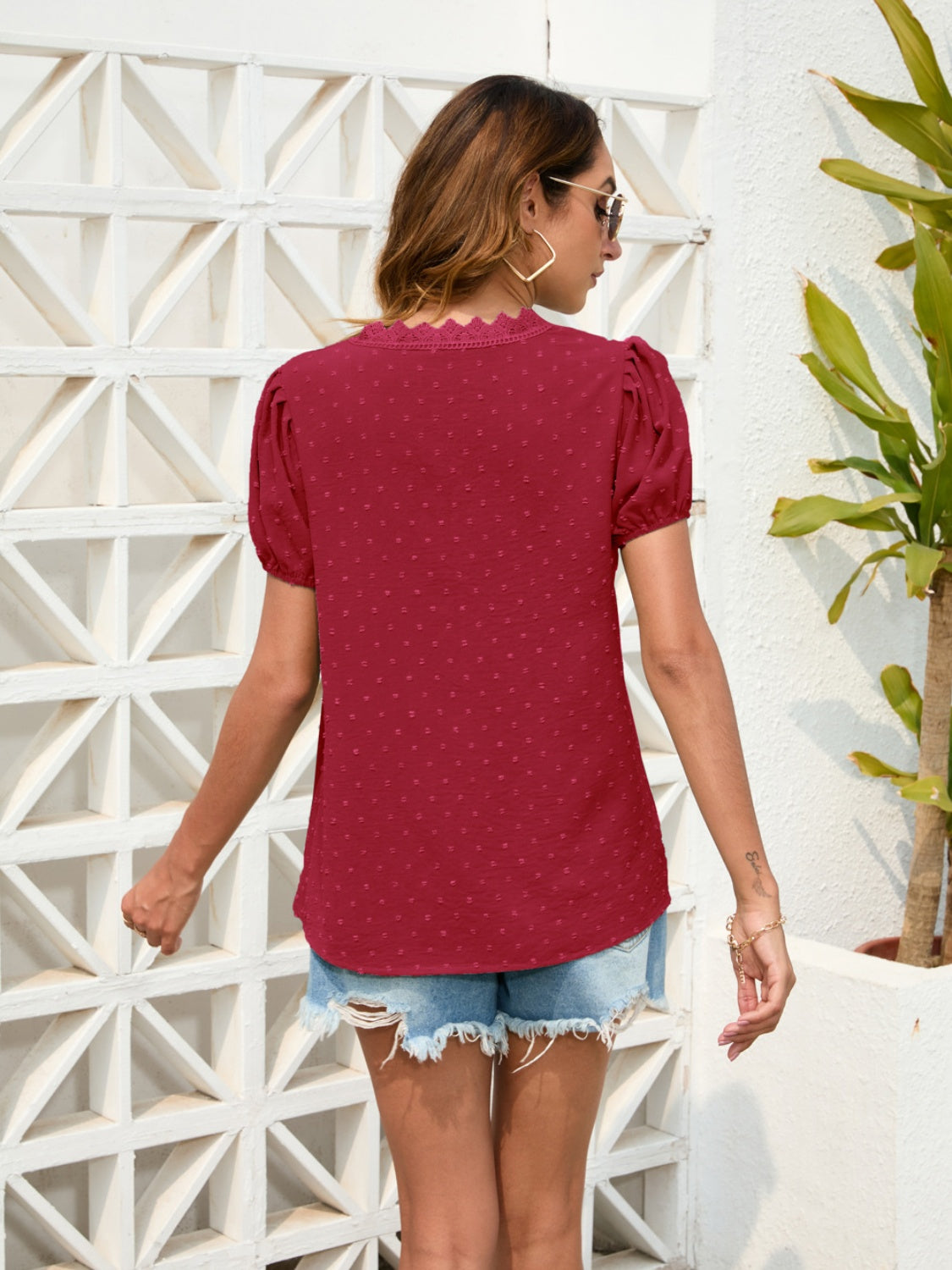 Burgundy dotted swiss blouse with puff sleeves and lace trim neckline