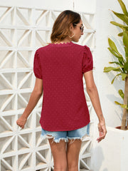 Burgundy dotted swiss blouse with puff sleeves and lace trim neckline