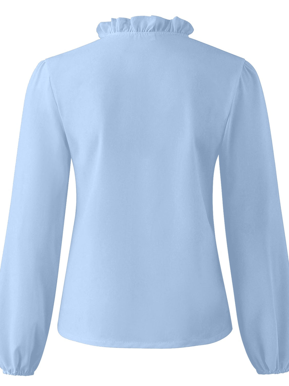 Light blue blouse with ruffled neckline and balloon sleeves.
