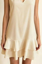 Beige V-neck mini dress with tiered ruffle hem, sleeveless, polyester