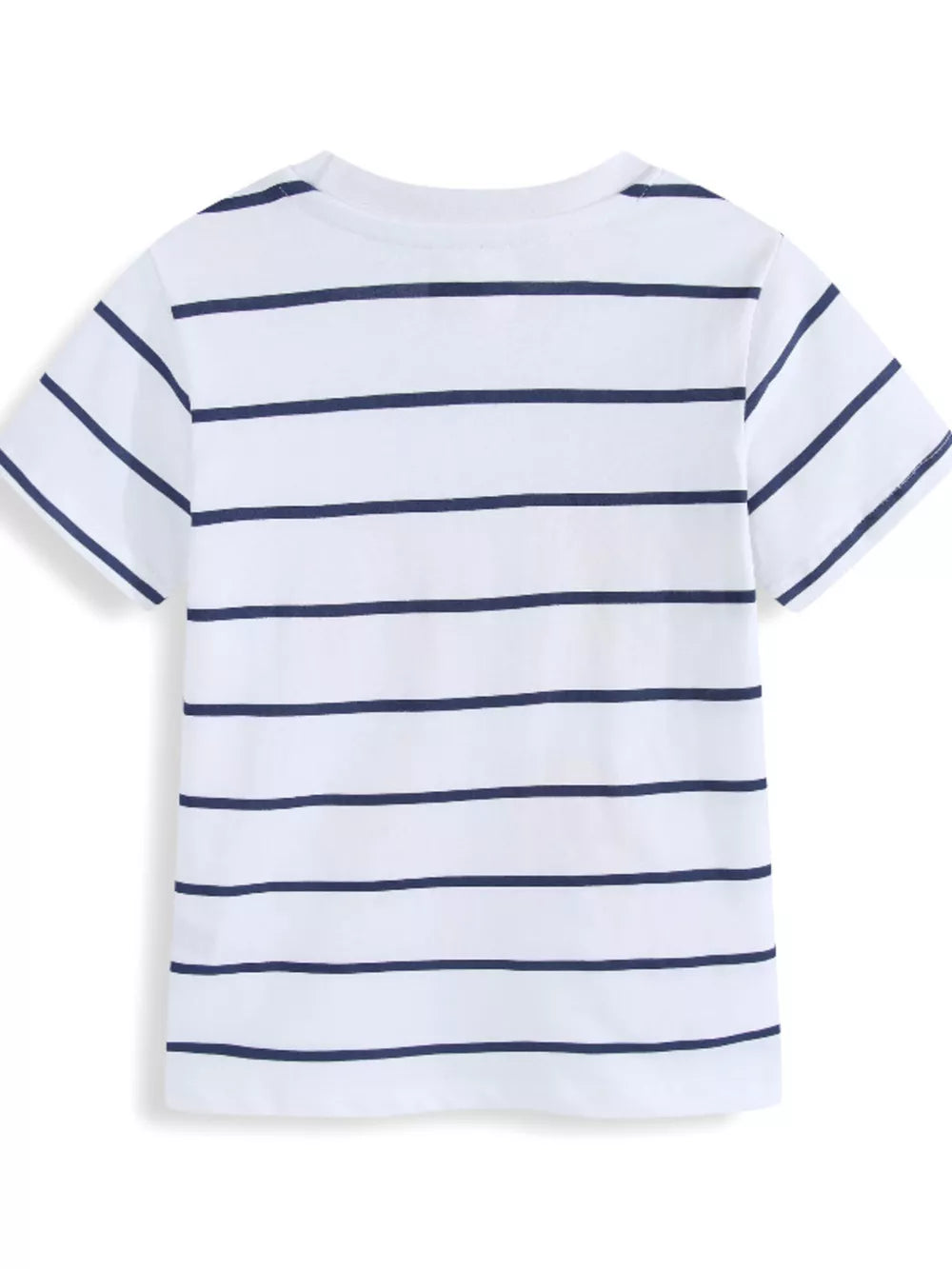 White cotton t-shirt with navy horizontal stripes and short sleeves.