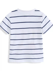 White cotton t-shirt with navy horizontal stripes and short sleeves.