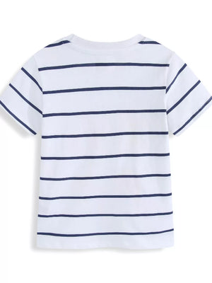 White cotton t-shirt with navy horizontal stripes and short sleeves.