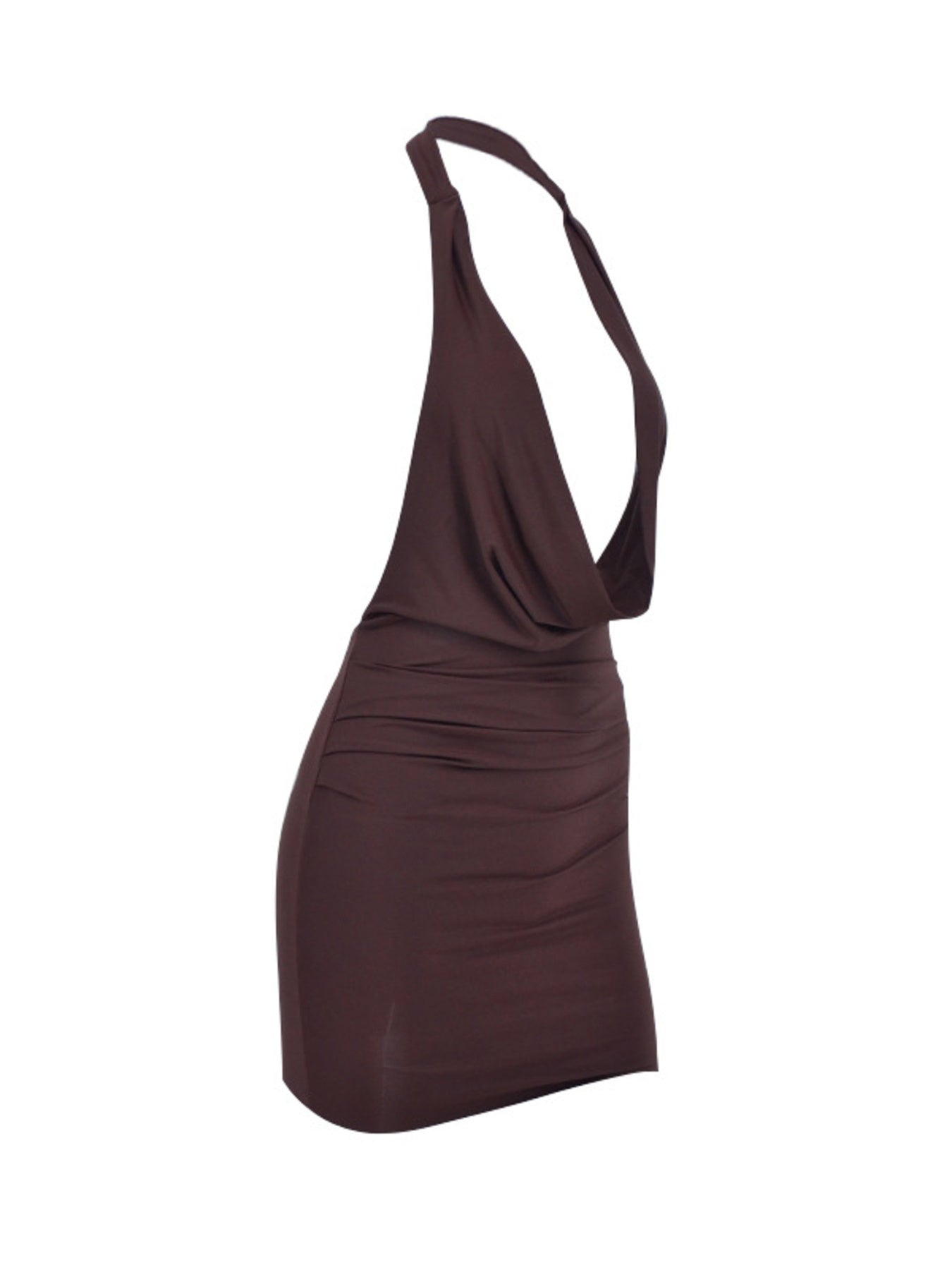 Dark brown ruched cowl neck mini dress with halter straps and bodycon fit.