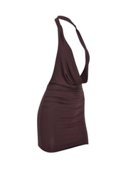 Dark brown ruched cowl neck mini dress with halter straps and bodycon fit.
