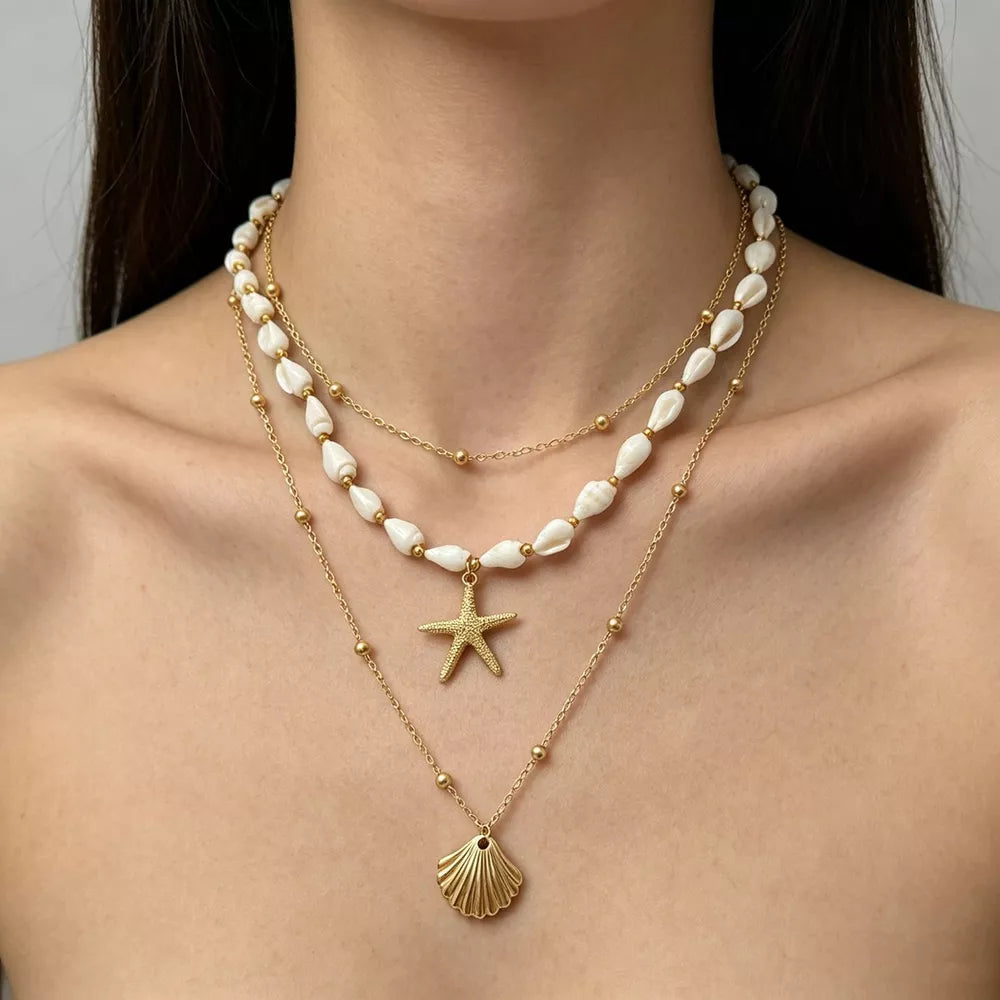 18k Gold-plated Bohemian Seashell Layered Necklace in Gold, model styling view