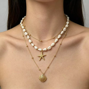 18k Gold-plated Bohemian Seashell Layered Necklace in Gold, model styling view