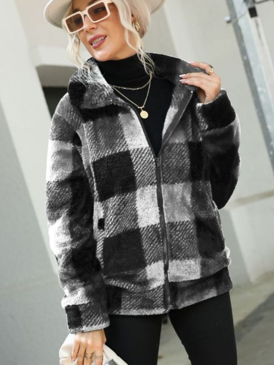 Luxe plaid sherpa zip-up jacket in charcoal with collared neckline and full zip.