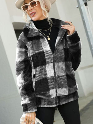 Luxe plaid sherpa zip-up jacket in charcoal with collared neckline and full zip.