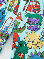 Light blue cotton toddler boys' underwear with a cartoon dinosaur and vehicle print.