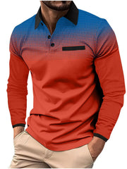 Long sleeve polo shirt with gradient dot print in blue and orange, black collar and pocket detail.