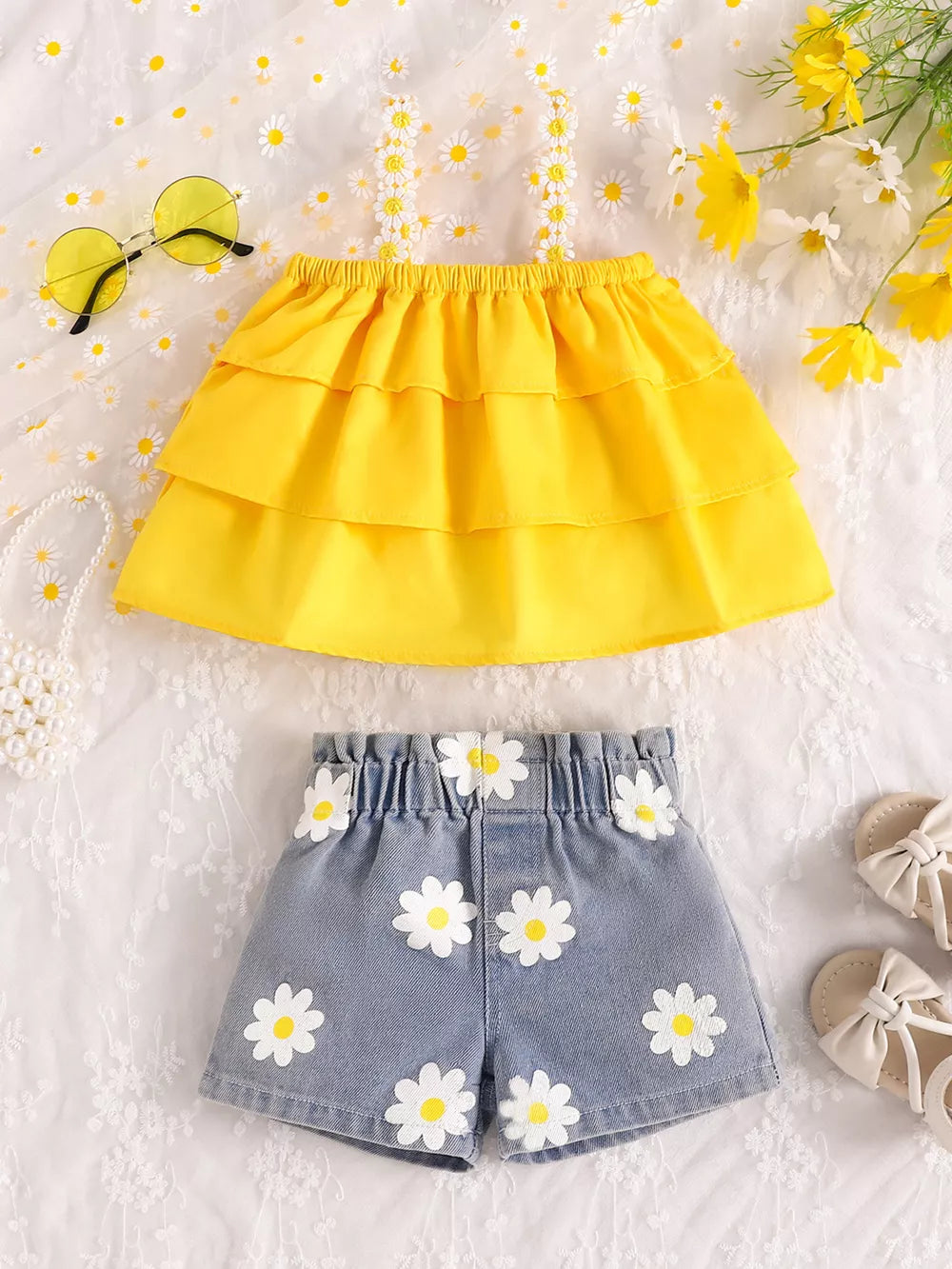Children's Daisy Print Cami And Denim Shorts Set in Yellow, front view